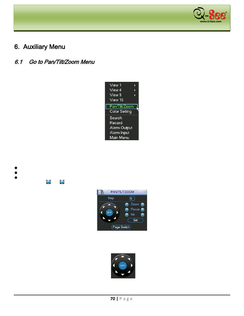 Auxiliary menu, Go to pan/tilt/zoom menu | Q-See QC40198 User Manual | Page 79 / 141