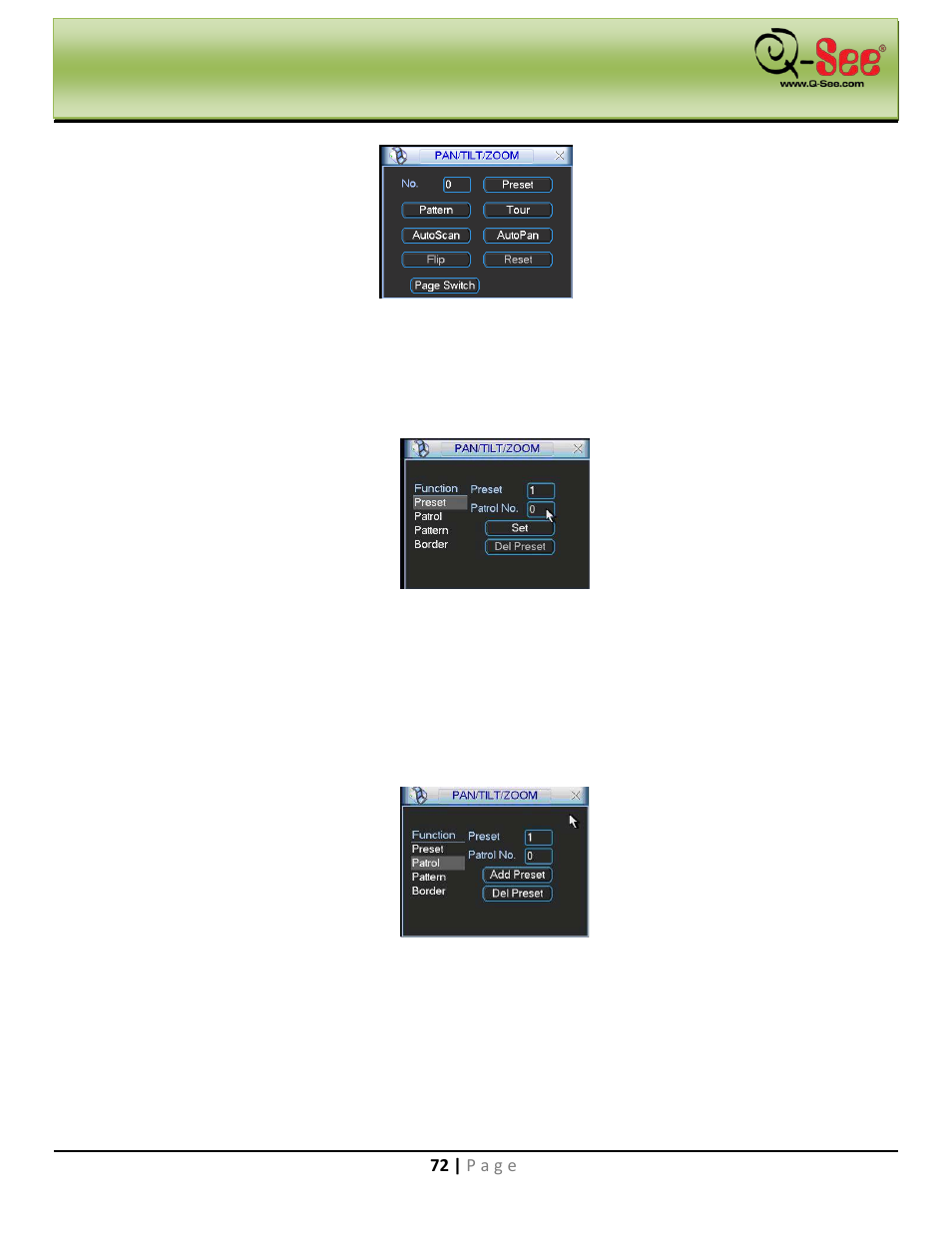 Preset setup, Activate preset, Patrol setup | Activate patrol, Pattern setup, Auxiliary menu | Q-See QC40198 User Manual | Page 81 / 141