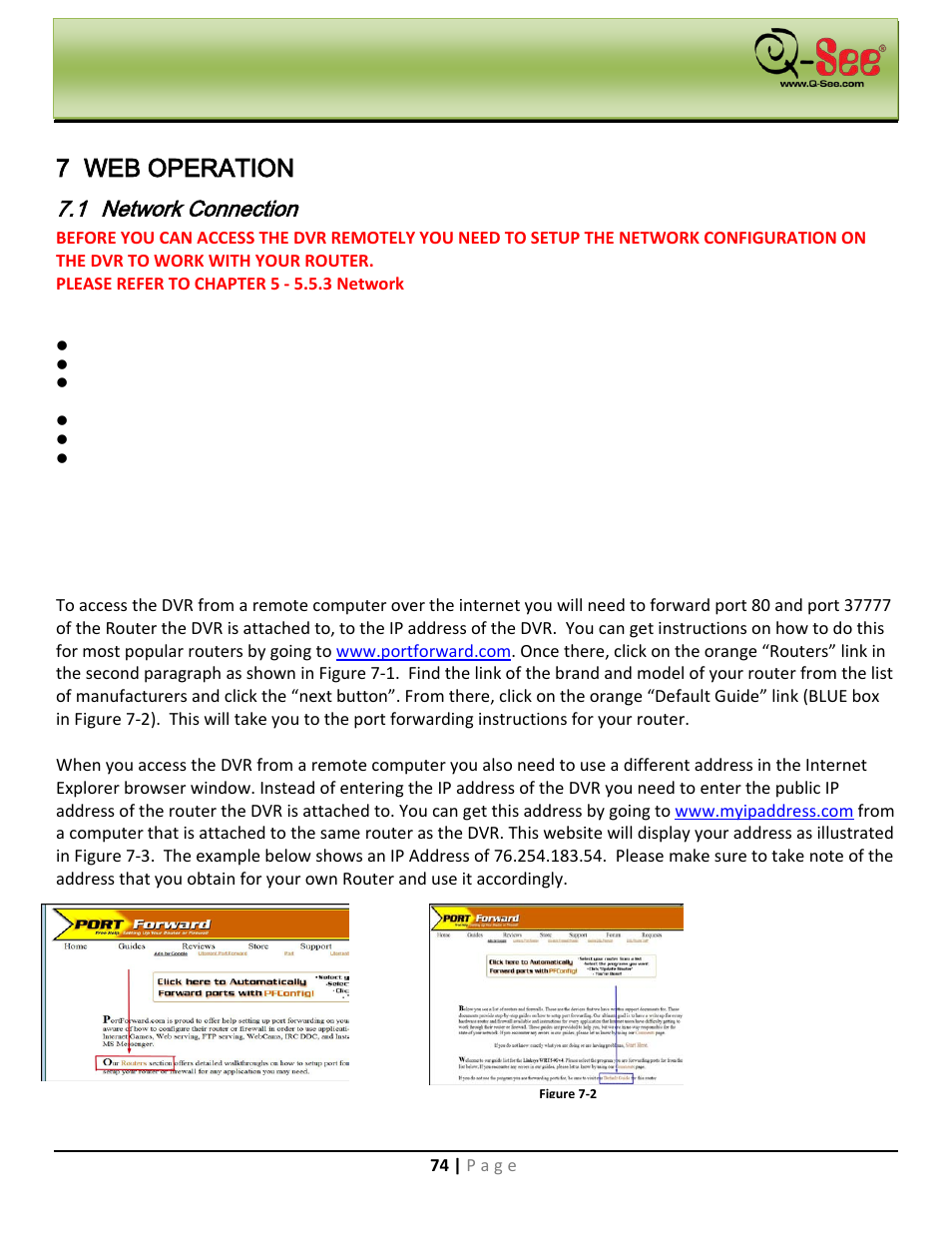 7 web operation, 1 network connection, 1 port forwarding | Web operation | Q-See QC40198 User Manual | Page 83 / 141