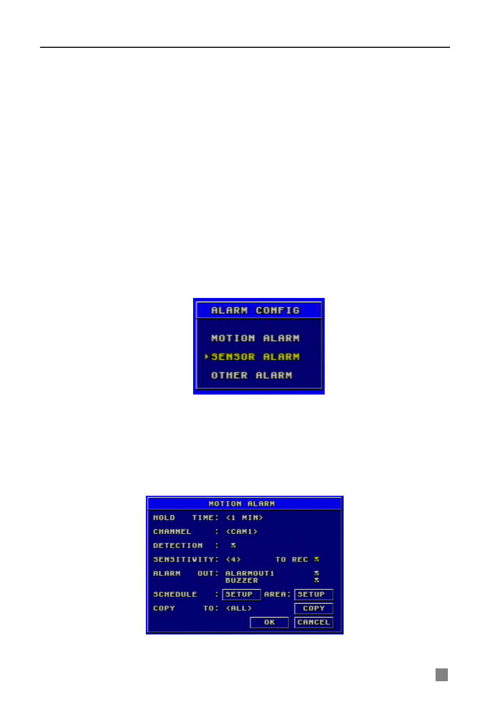 Press "enter" key to confirm the setup, Frame rate setup, Copy to | Alarm configuration, Motion alarm, 4 alarm configuration | Q-See QSDF8204 User Manual | Page 17 / 61