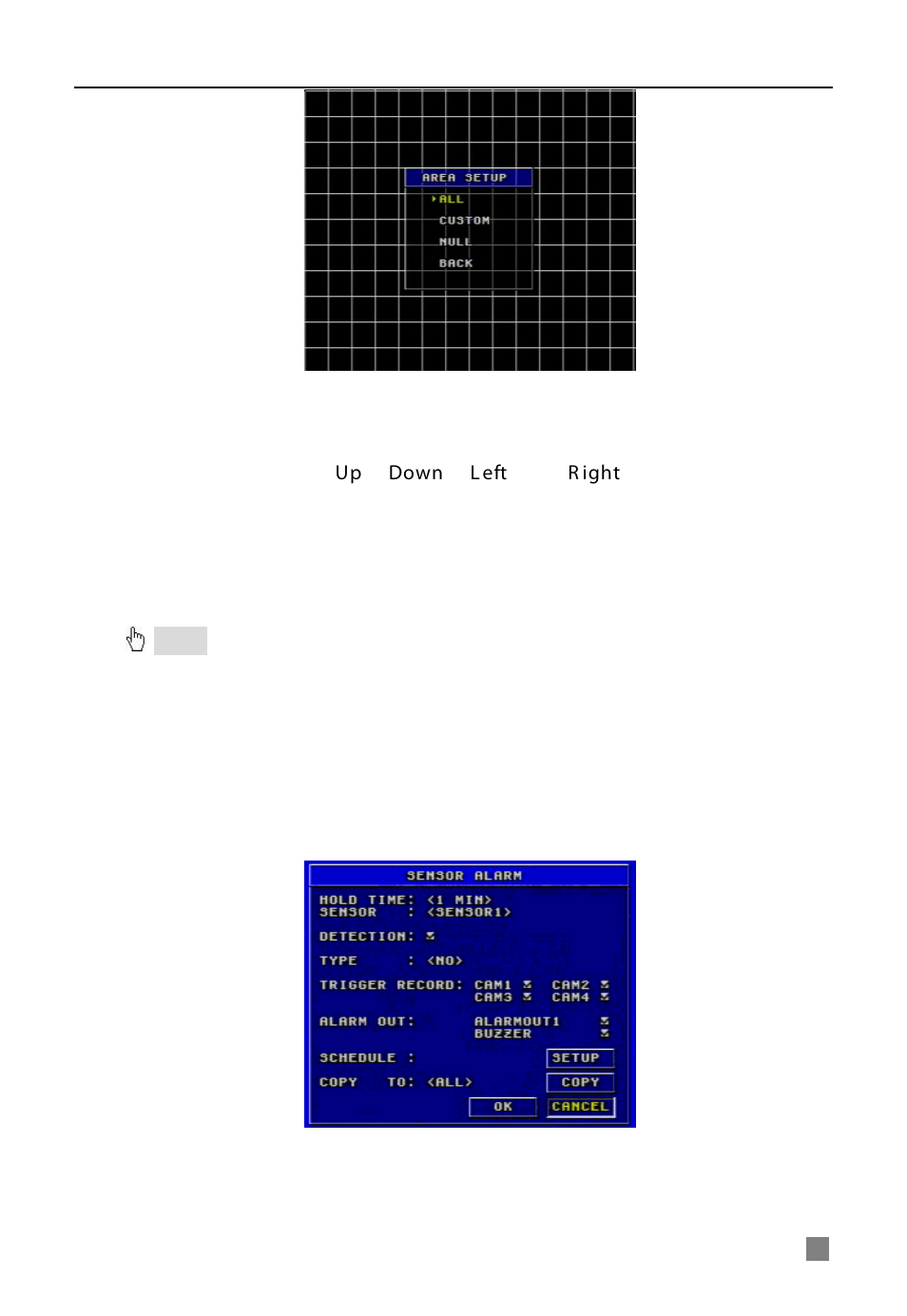 In the area setup submenu, choose "custom" option, Press "enter" key to confirm the operation, Press "enter" key to select or cancel the area | Copy to, Sensor alarm | Q-See QSDF8204 User Manual | Page 19 / 61