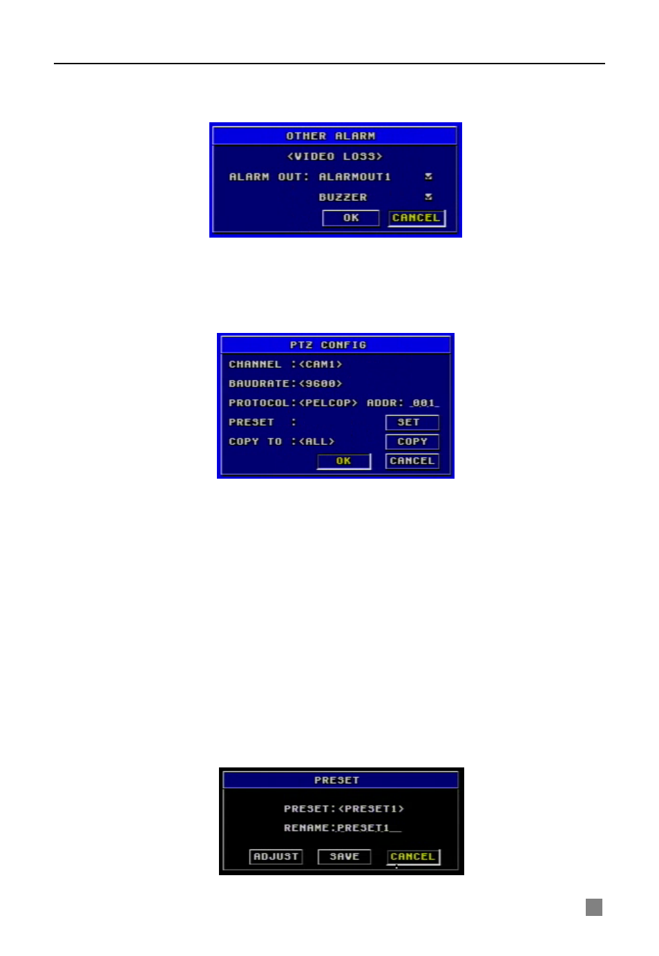 Other alarm, Ptz configuration, Channel | Baudrate, Protocol, Addr, Preset, 5 ptz configuration | Q-See QSDF8204 User Manual | Page 21 / 61