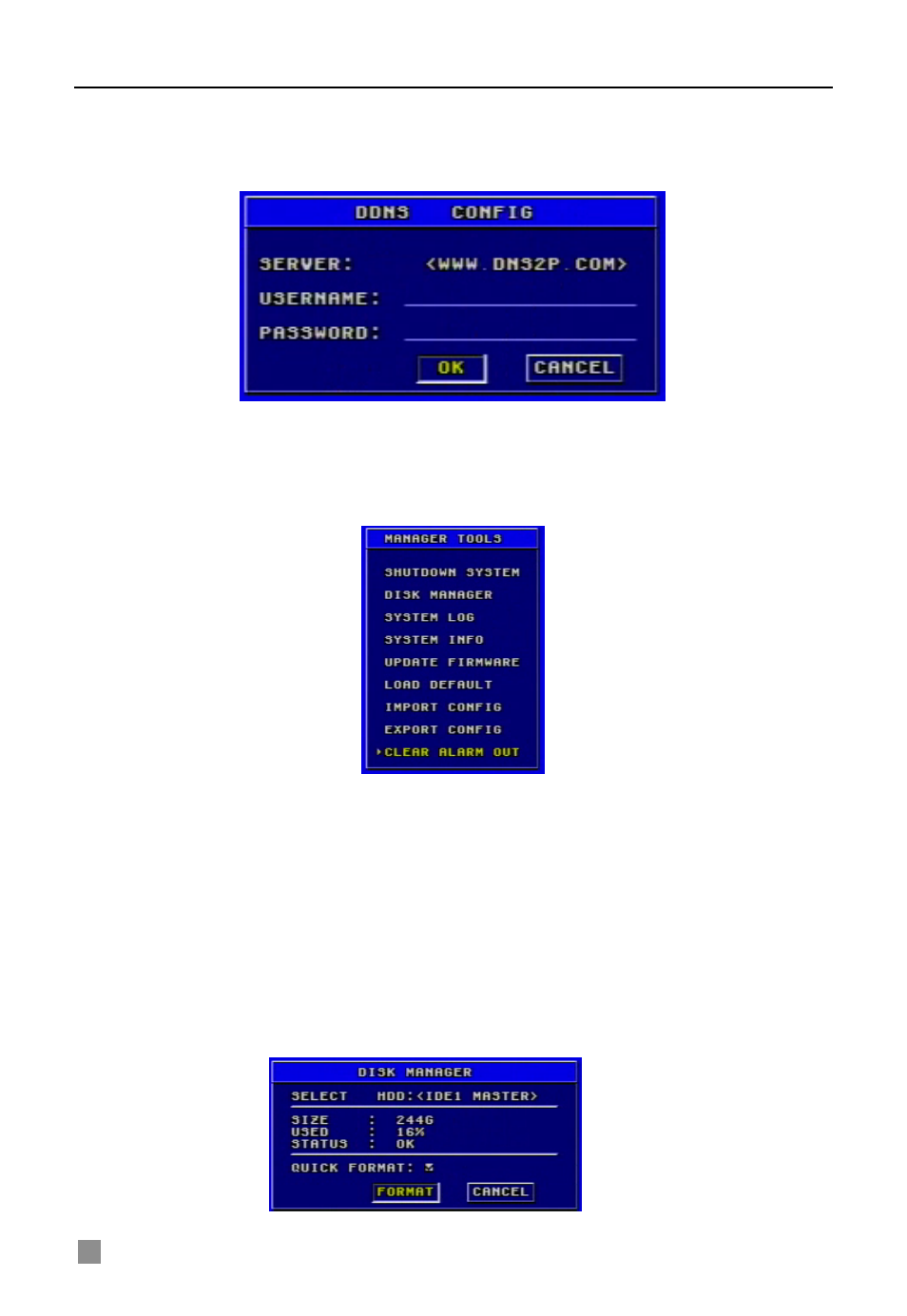 Ddns configuration, Manager tools, Shutdown system | Enter the shutdown submenu, Press "enter" key to confirm the operation, Disk manager, 8 manager tools | Q-See QSDF8204 User Manual | Page 26 / 61