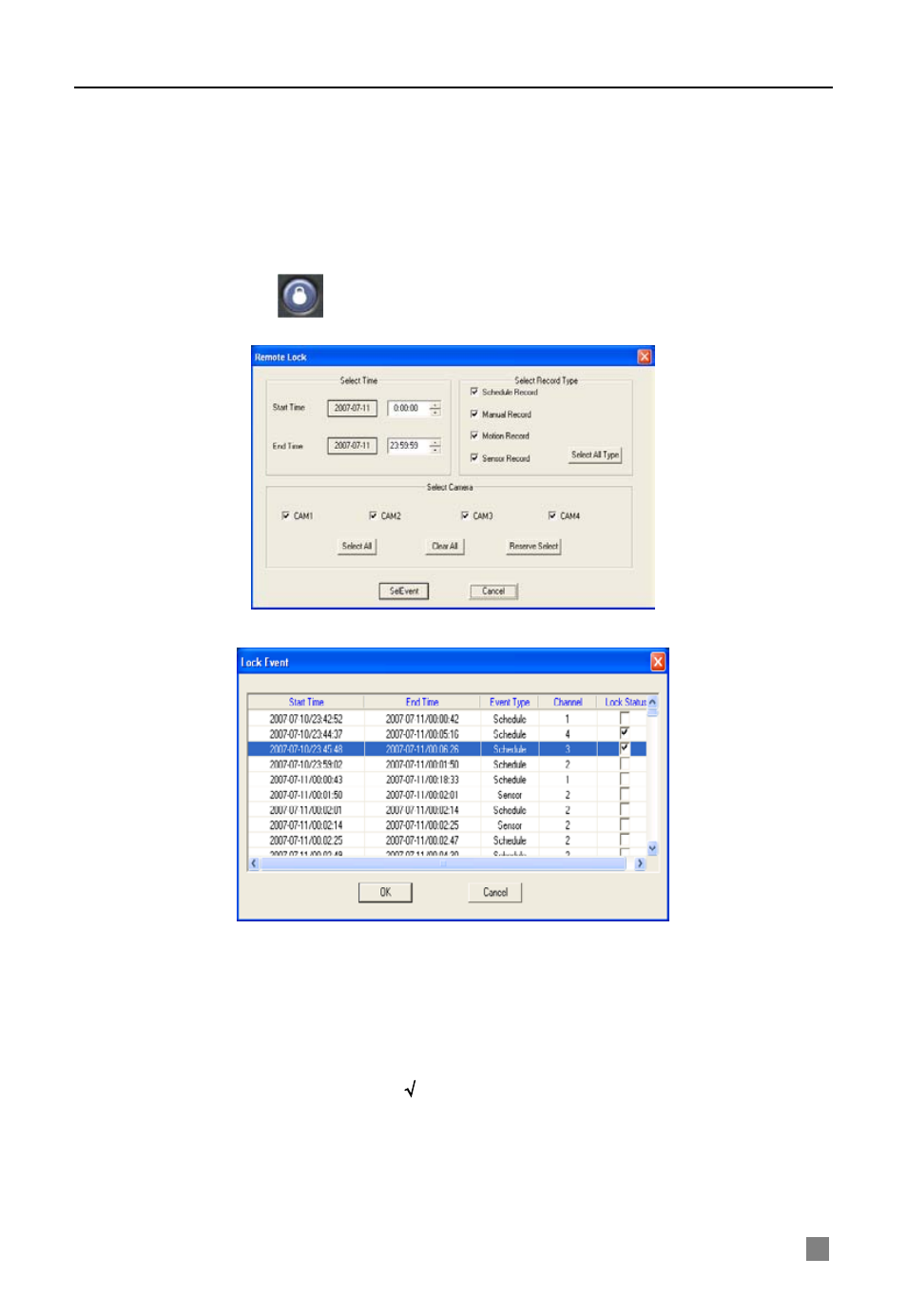 Click ">>>>" to choose all events, Click "ok" button to run the backup, Lock /unlock | Select time and record type, Select camera, Check the check box to change lock status, Click "ok" button to confirm the operation | Q-See QSDF8204 User Manual | Page 41 / 61