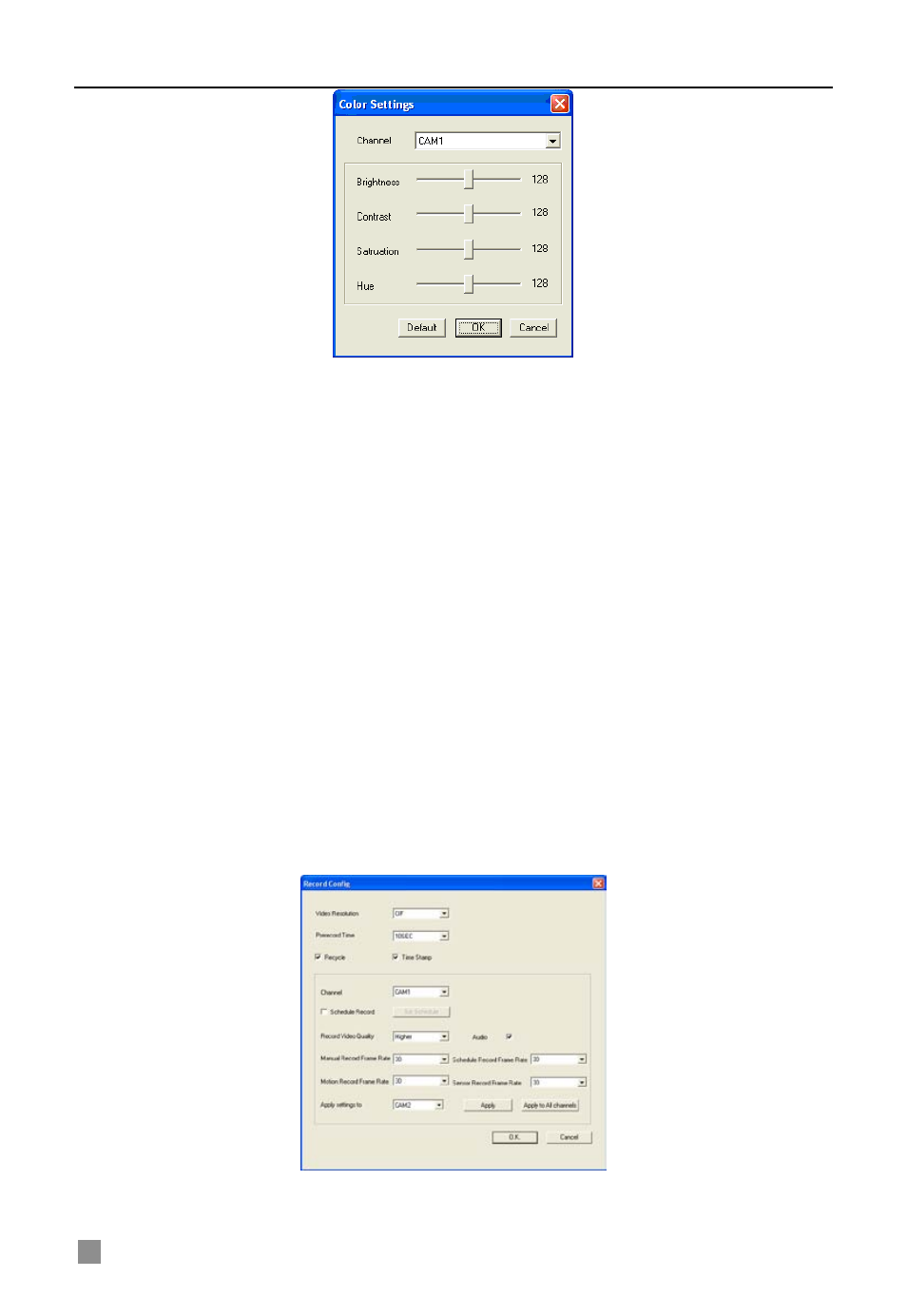 Live configuration, Channel, Channel hide | Show name, Channel name, Color settings, Brightness /contrast /saturation /hue, Record configuration, 3 record configuration | Q-See QSDF8204 User Manual | Page 44 / 61