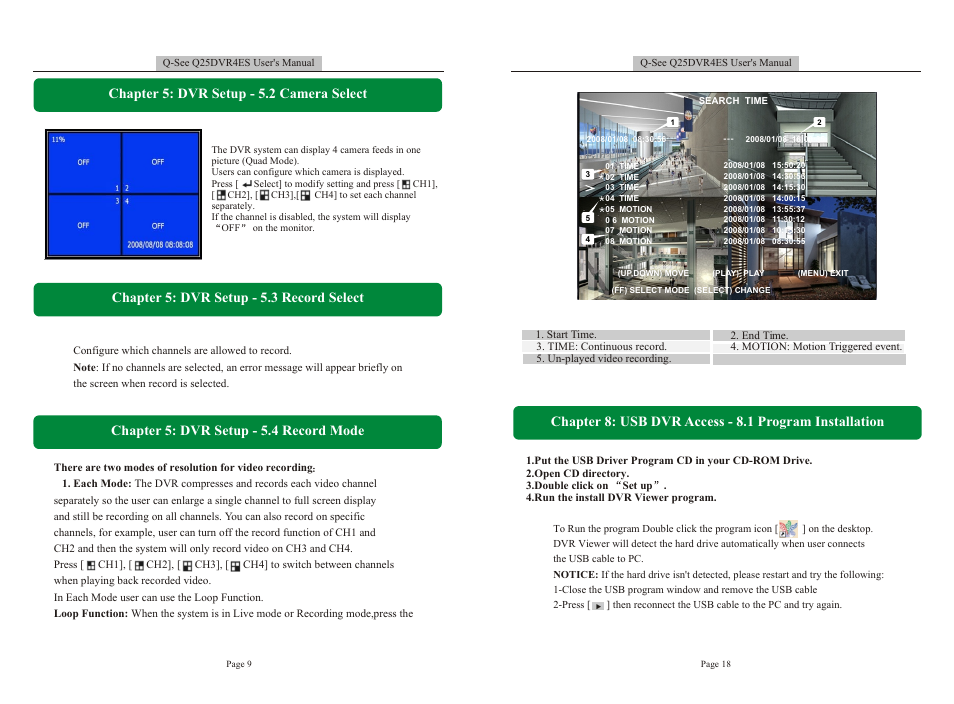 Т³гж 10, Chapter 5: dvr setup - 5.3 record select, Chapter 5: dvr setup - 5.2 camera select | Chapter 5: dvr setup - 5.4 record mode | Q-See DVR User Manual | Page 10 / 14