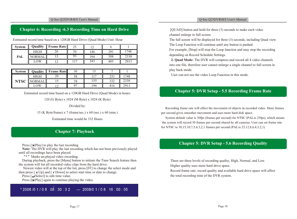 Т³гж 11, Chapter 5: dvr setup - 5.5 recording frame rate, Chapter 5: dvr setup - 5.6 recording quality | Chapter 7: playback | Q-See DVR User Manual | Page 11 / 14