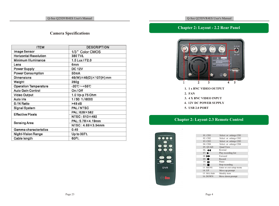 Т³гж 5, Chapter 2: layout - 2.2 rear panel, Chapter 2: layout - 2.3 remote control | Camera specifications | Q-See DVR User Manual | Page 5 / 14