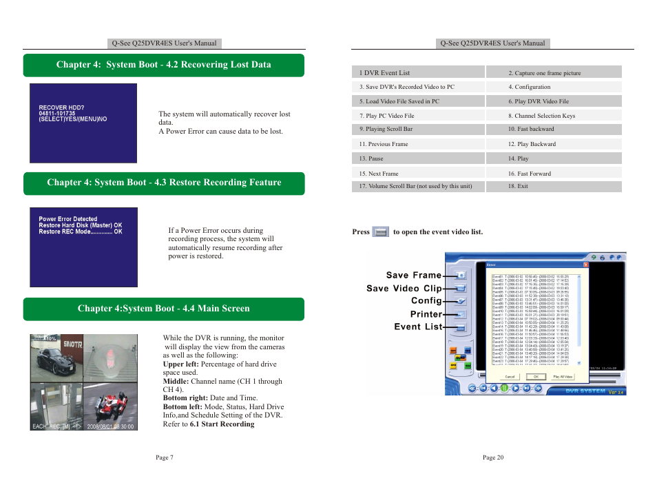 Т³гж 8, Chapter 4: system boot - 4.2 recovering lost data, Chapter 4:system boot - 4.4 main screen | Q-See DVR User Manual | Page 8 / 14