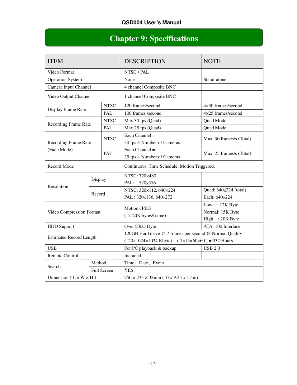 Chapter 9: specifications | Q-See QSD004 User Manual | Page 20 / 22