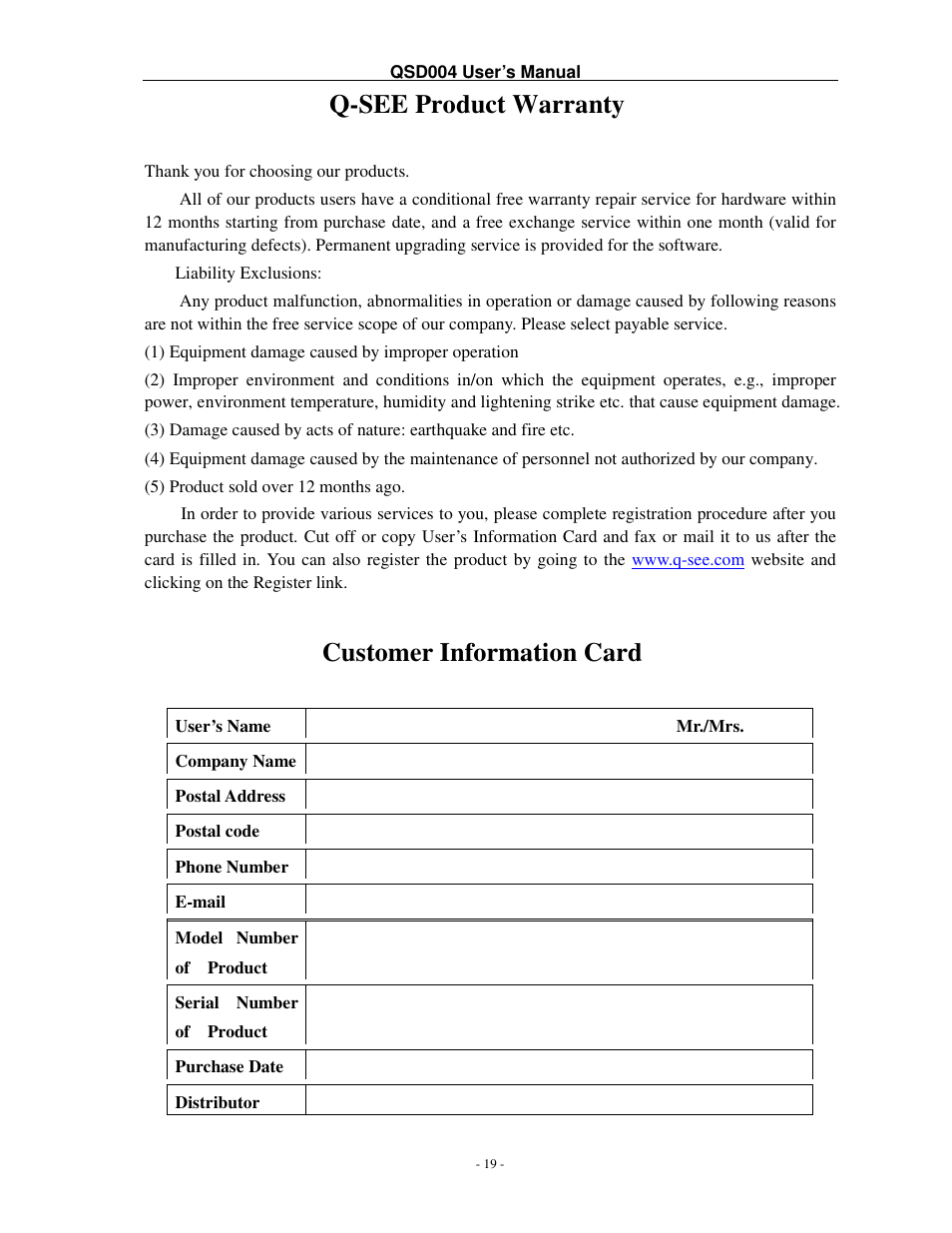 Q-see product warranty, Customer information card | Q-See QSD004 User Manual | Page 22 / 22