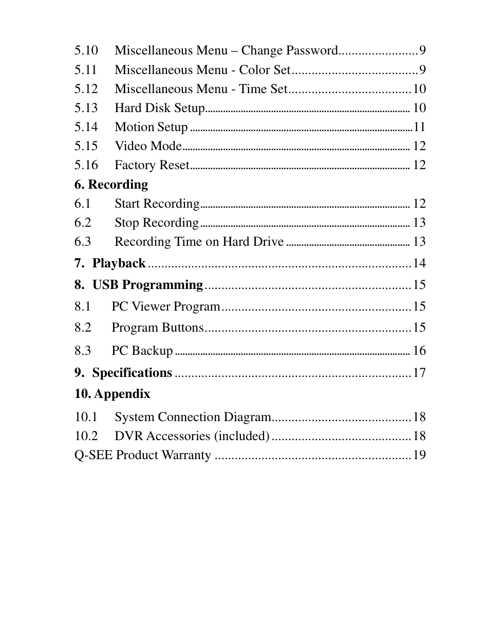 Hard disk setup, Motion, Setup | Video mode, 16 factory reset, Recording, Start recording, Stop recording, Recording time on hard drive | Q-See QSD004 User Manual | Page 3 / 22