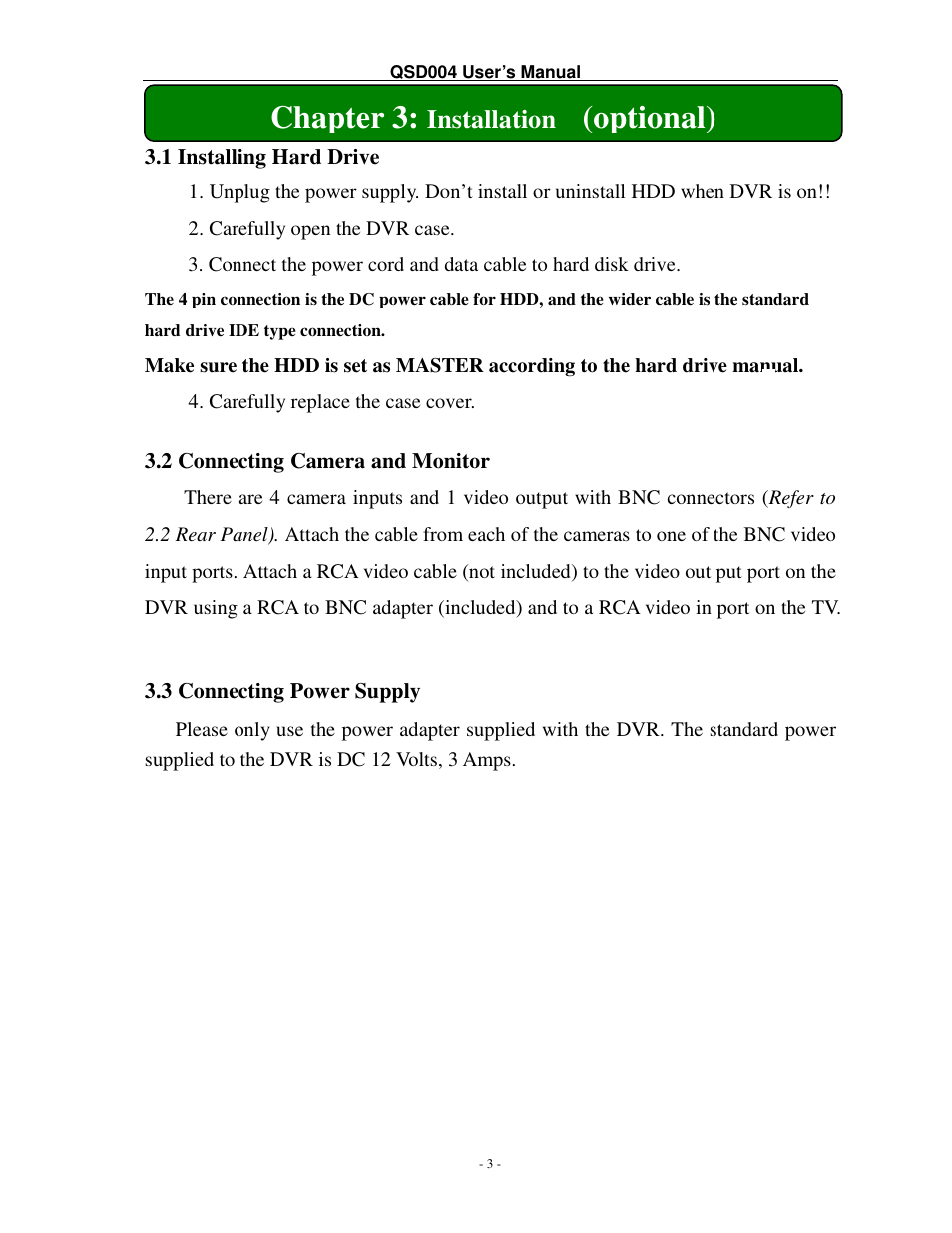 Chapter 3, Optional), Installation | Q-See QSD004 User Manual | Page 6 / 22