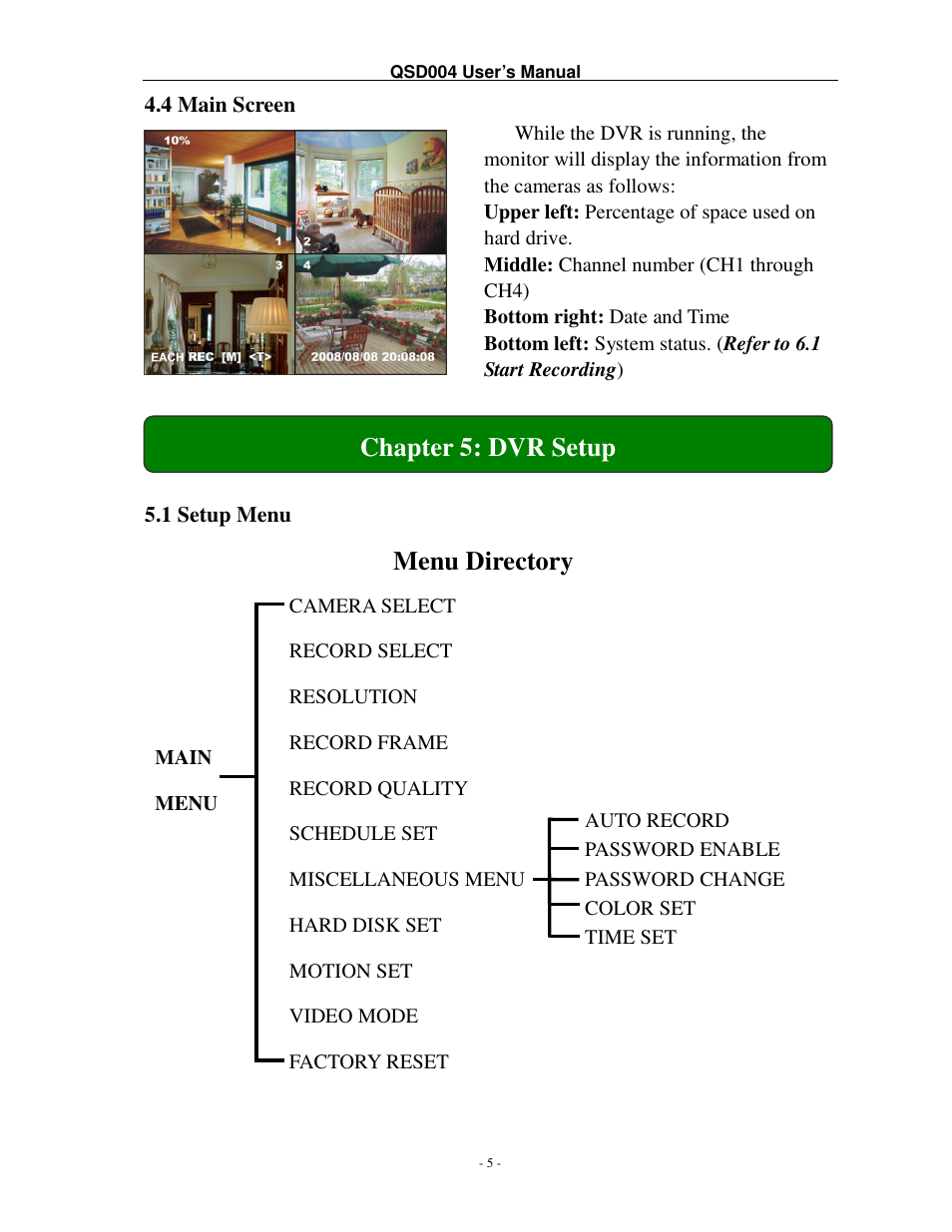 Menu directory, Chapter 5: dvr setup | Q-See QSD004 User Manual | Page 8 / 22