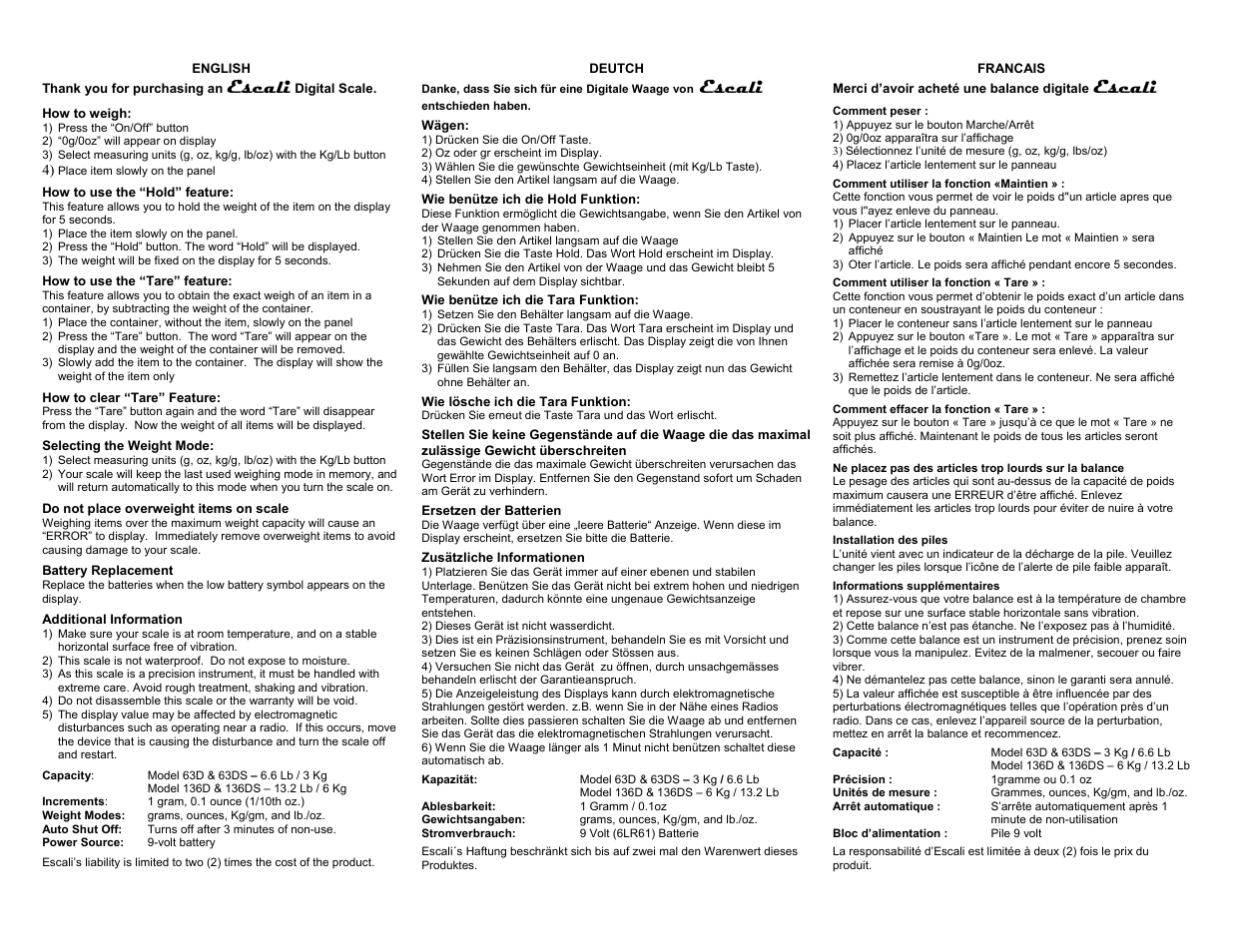 Escali 136DS User Manual | 2 pages
