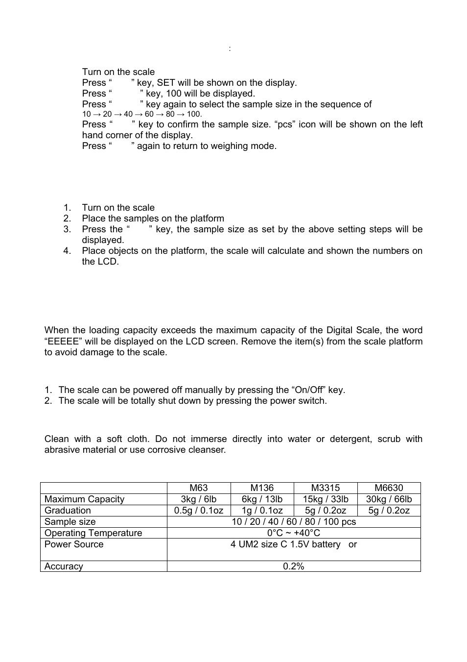 Using the counting mode, Power off, Maintenance | Technical specifications | Escali M-Series User Manual | Page 4 / 4