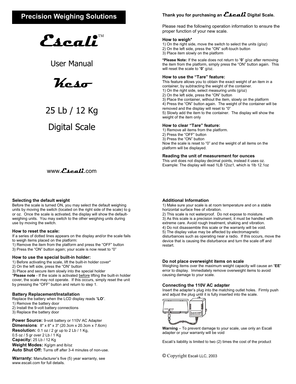 Escali 25 Lb User Manual | 1 page