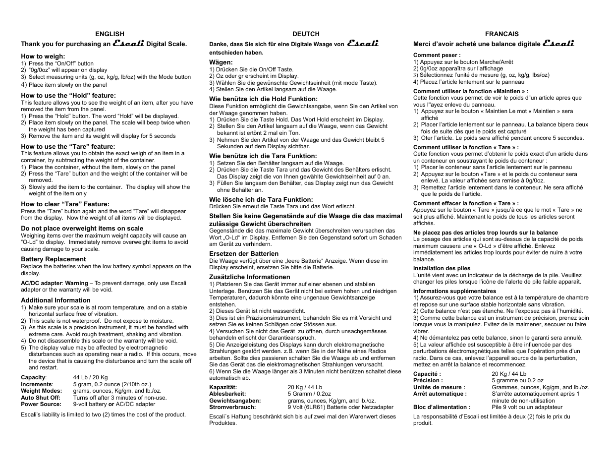 Escali Digital Scale User Manual | 2 pages