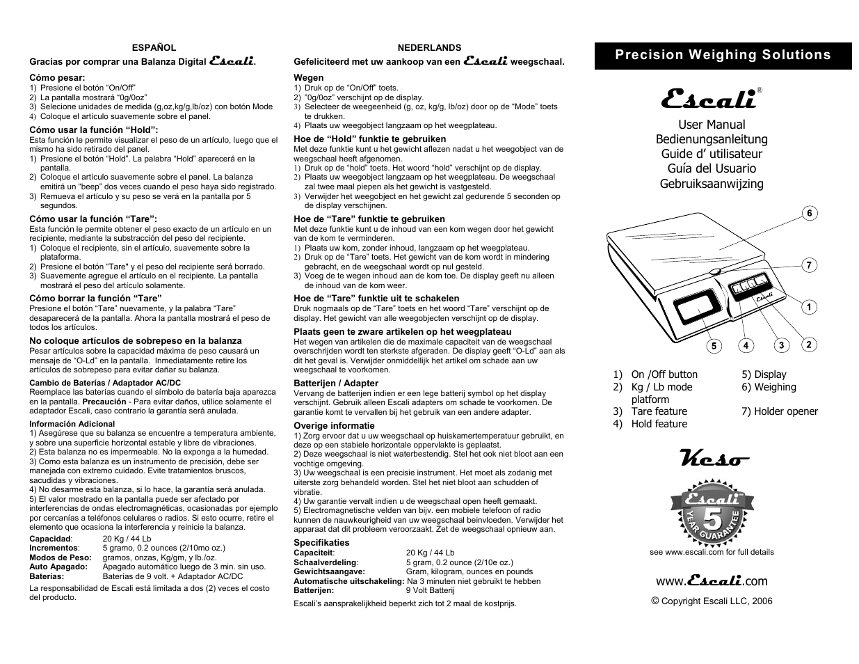 Keso, Precision weighing solutions, Escali | Escali Digital Scale User Manual | Page 2 / 2