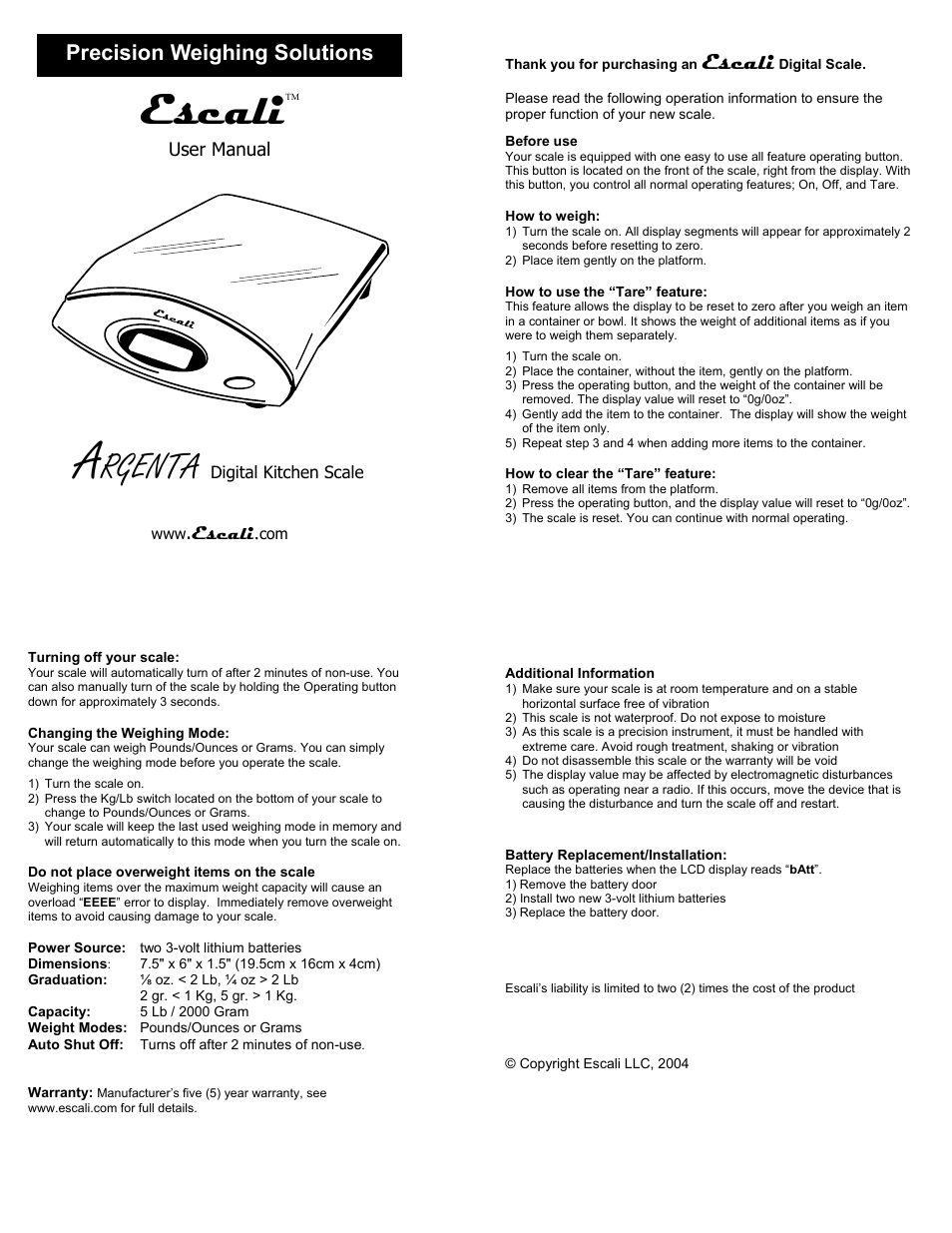 Escali Argenta Digital Kitchen Scale User Manual | 1 page