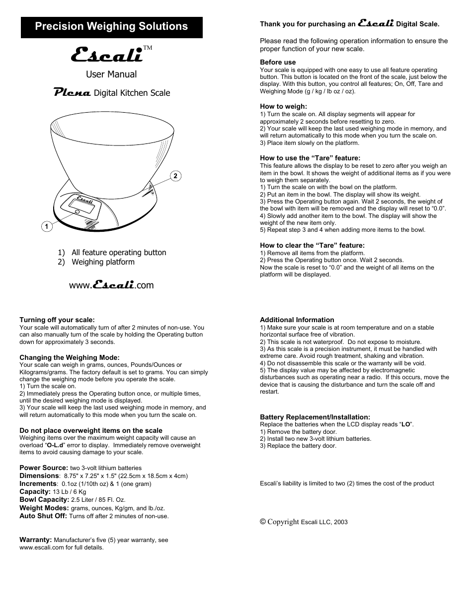 Escali Plena User Manual | 1 page