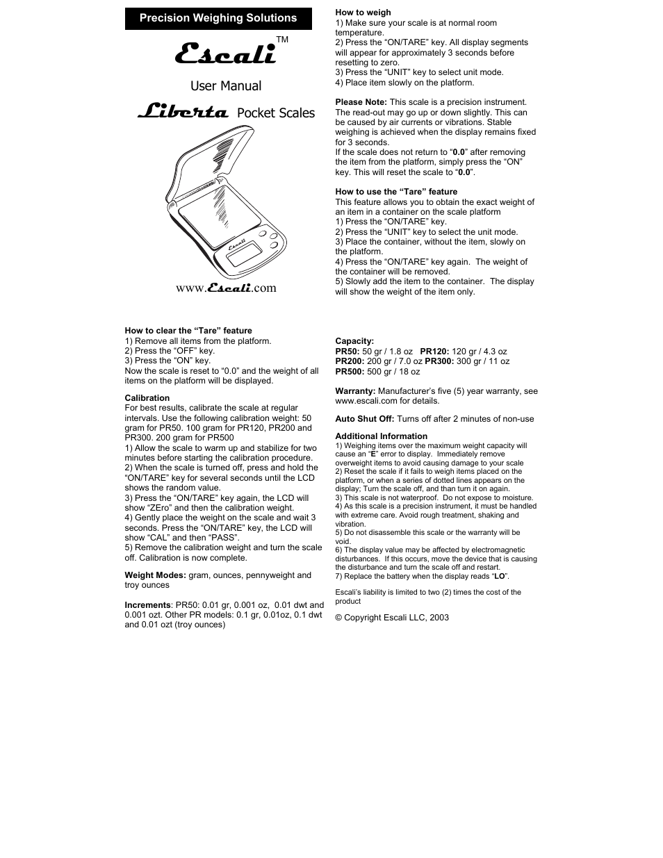 Escali Pocket Scales User Manual | 1 page