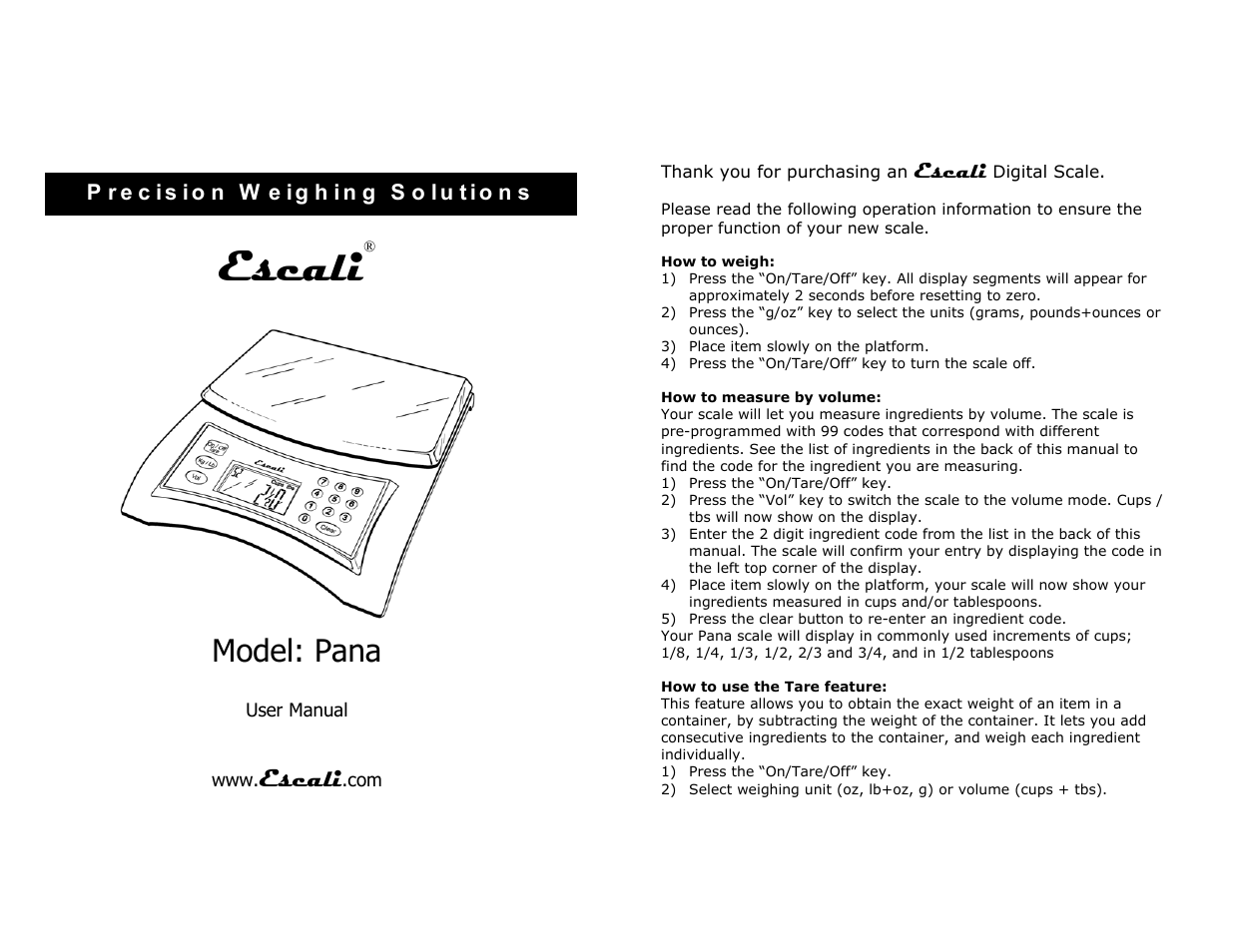 Escali Pana User Manual | 2 pages