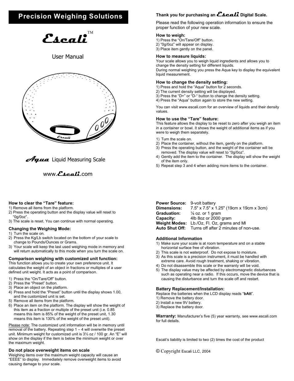 Escali Aqua Liquid Measuring Scale User Manual | 1 page