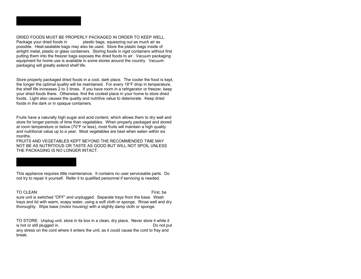 Food storage, Maintenance | Elite Products EFD-1010 User Manual | Page 7 / 7