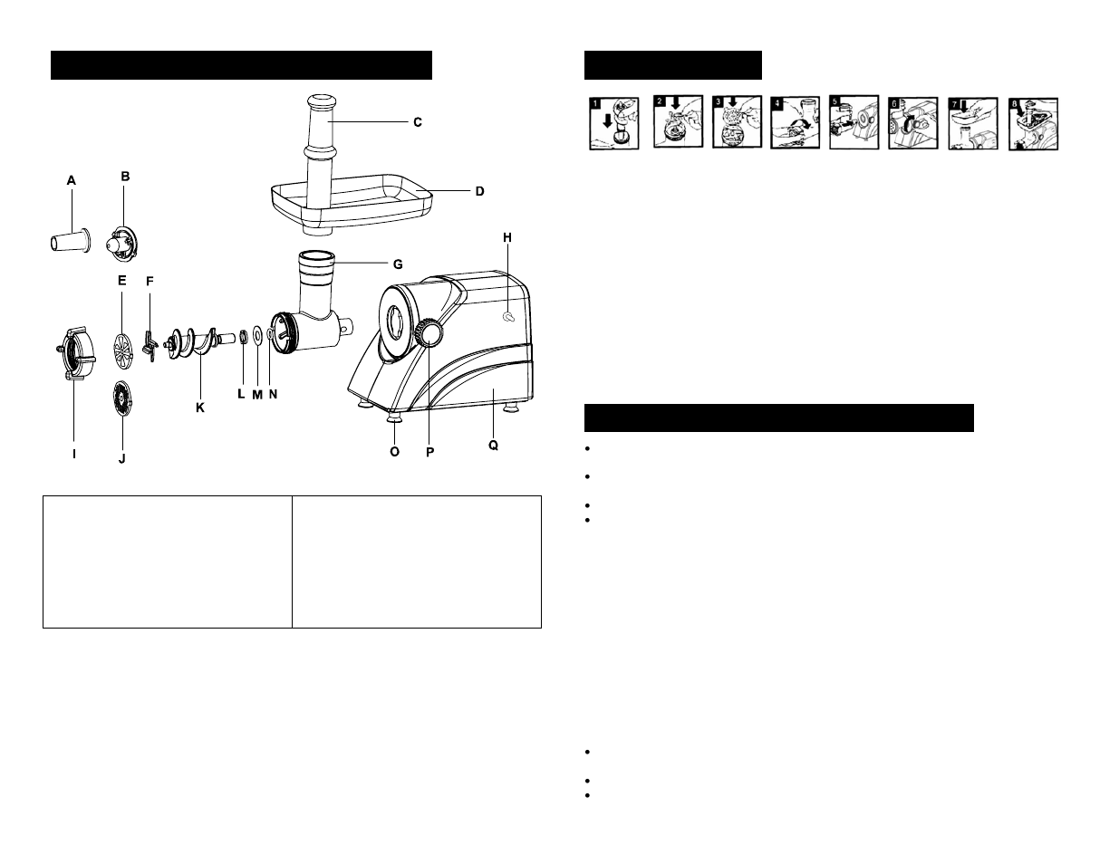 Parts & identification, Assembly, Using the meat grinder | Elite Products HA-3433A User Manual | Page 3 / 5