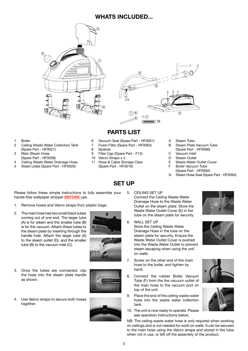 Whats included... set up, Parts list | Earlex SS200 User Manual | Page 3 / 8