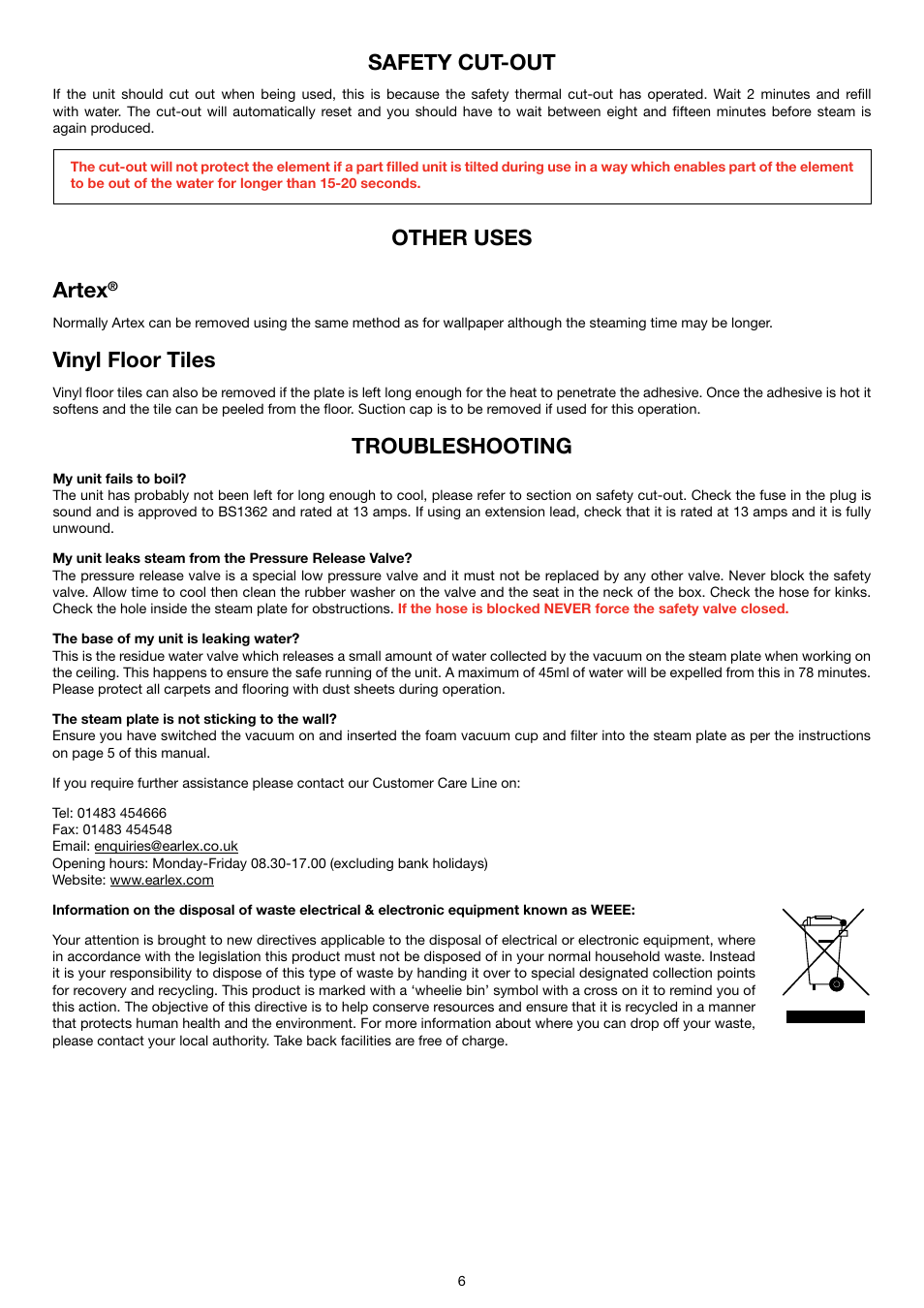 Safety cut-out, Other uses artex, Vinyl floor tiles | Troubleshooting | Earlex SS200 User Manual | Page 6 / 8