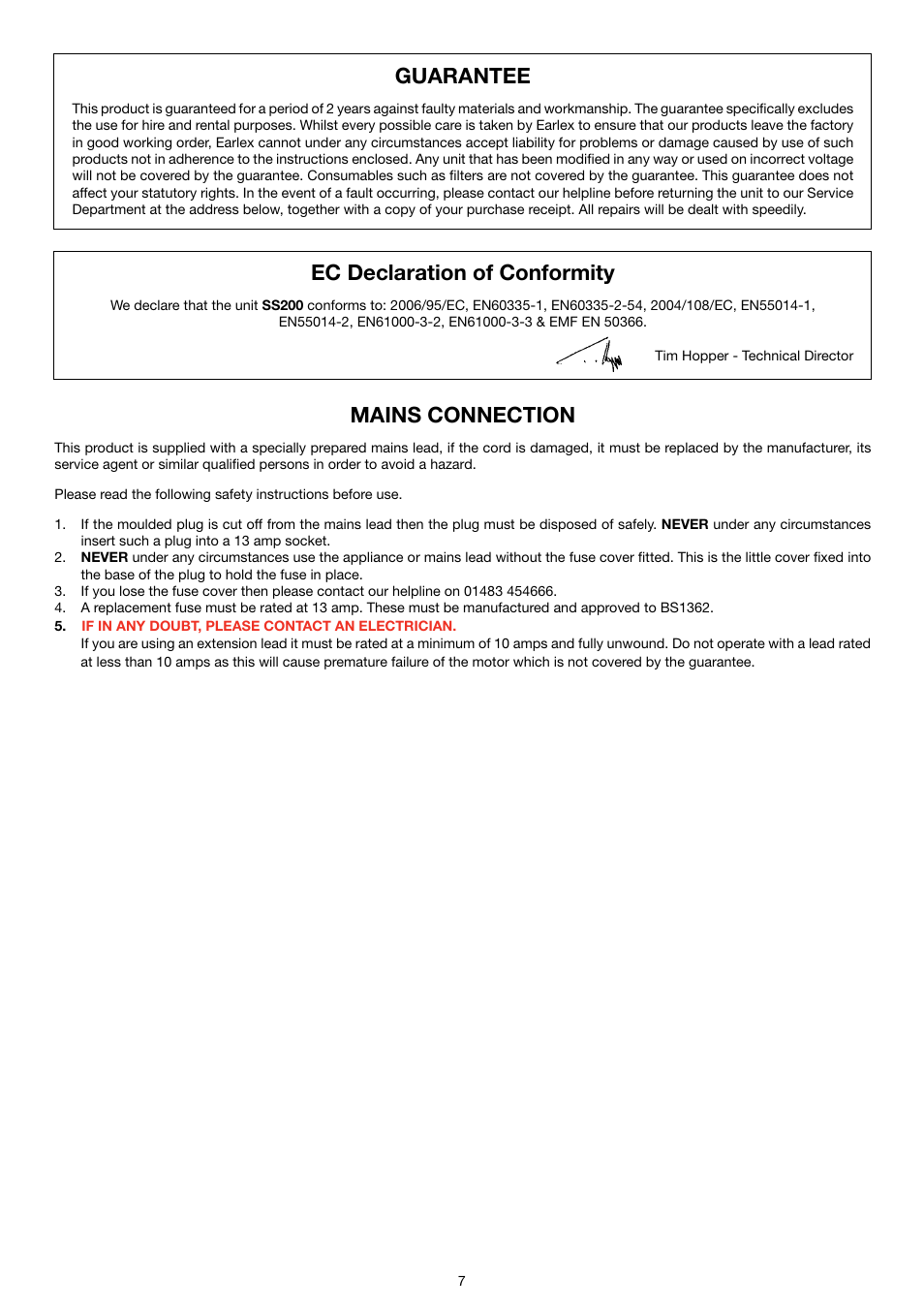 Guarantee, Ec declaration of conformity, Mains connection | Earlex SS200 User Manual | Page 7 / 8