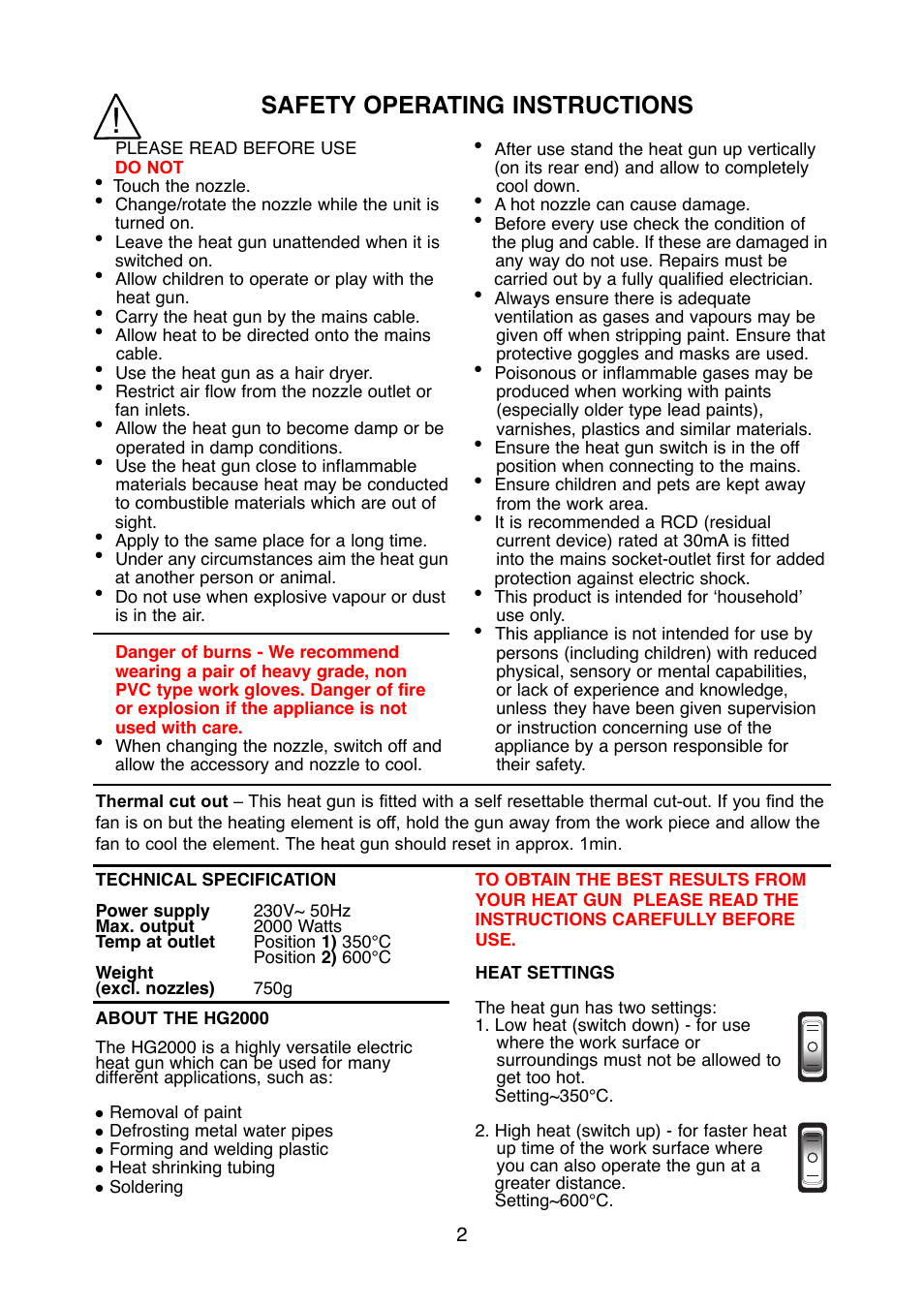 Safety operating instructions | Earlex HG2000 User Manual | Page 2 / 4