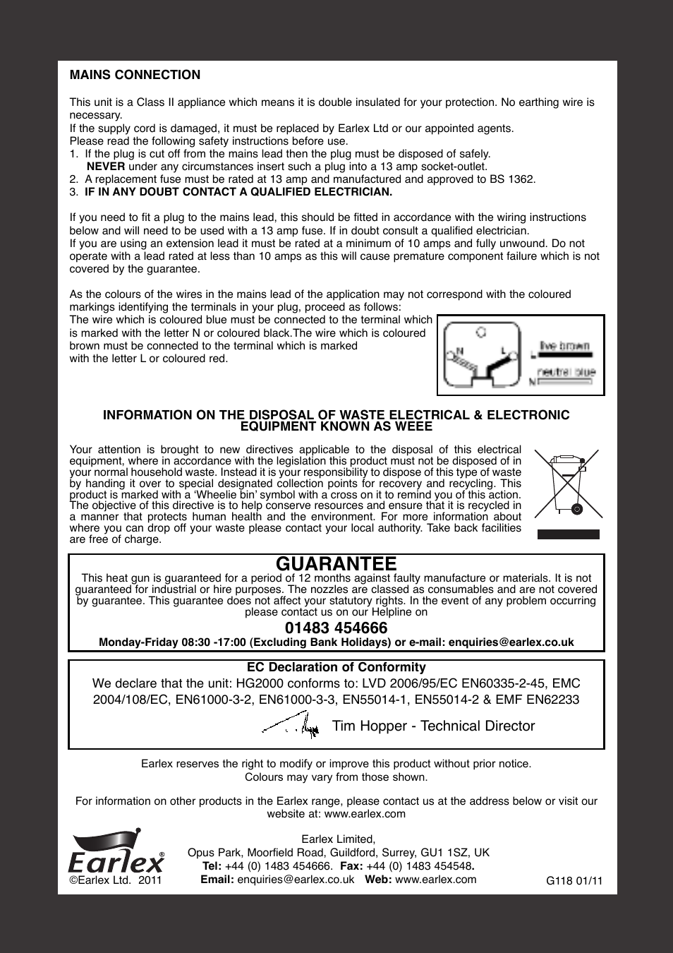 Guarantee | Earlex HG2000 User Manual | Page 4 / 4