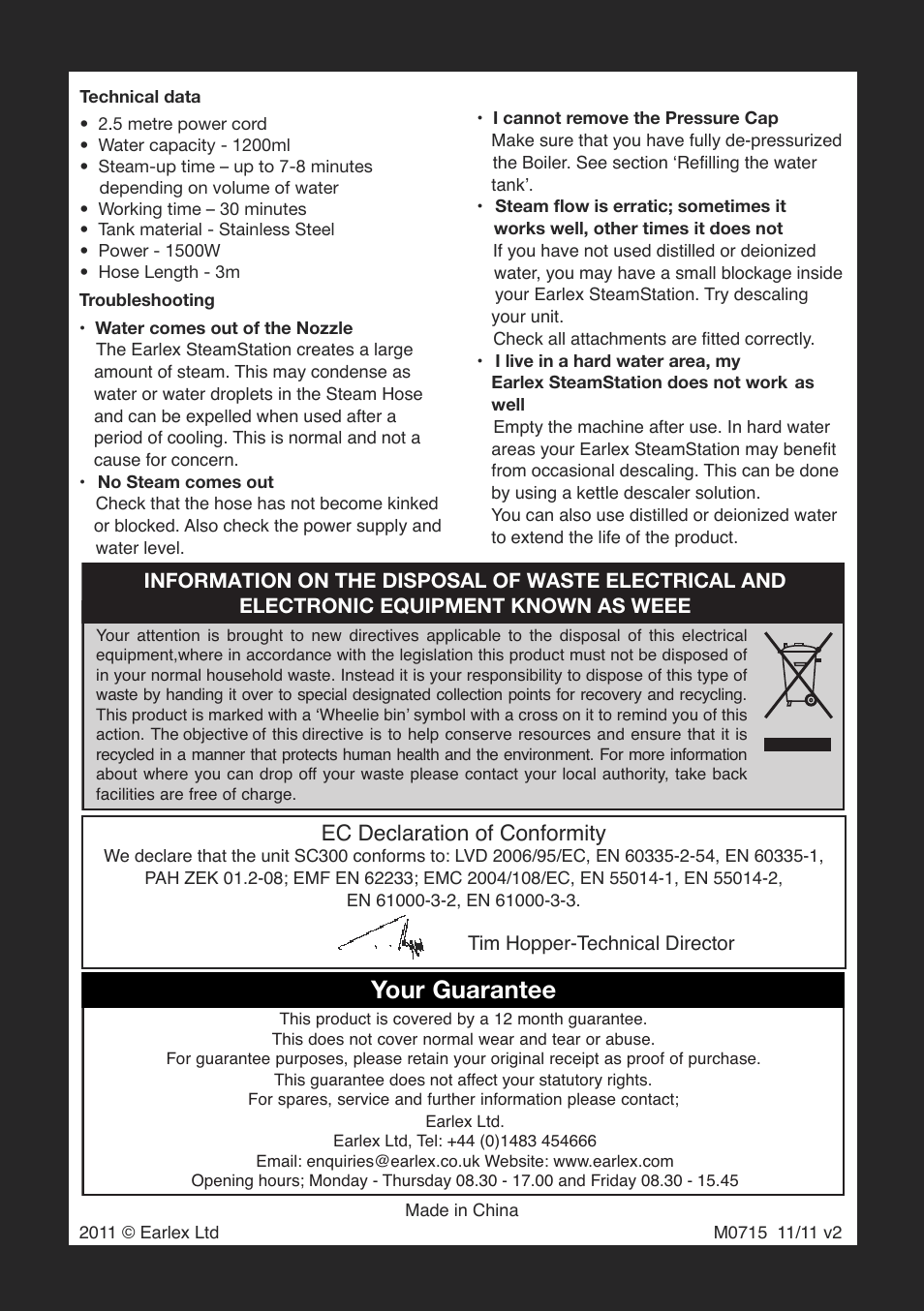 Your guarantee, Ec declaration of conformity | Earlex STEAMSTATION SC300 User Manual | Page 12 / 12