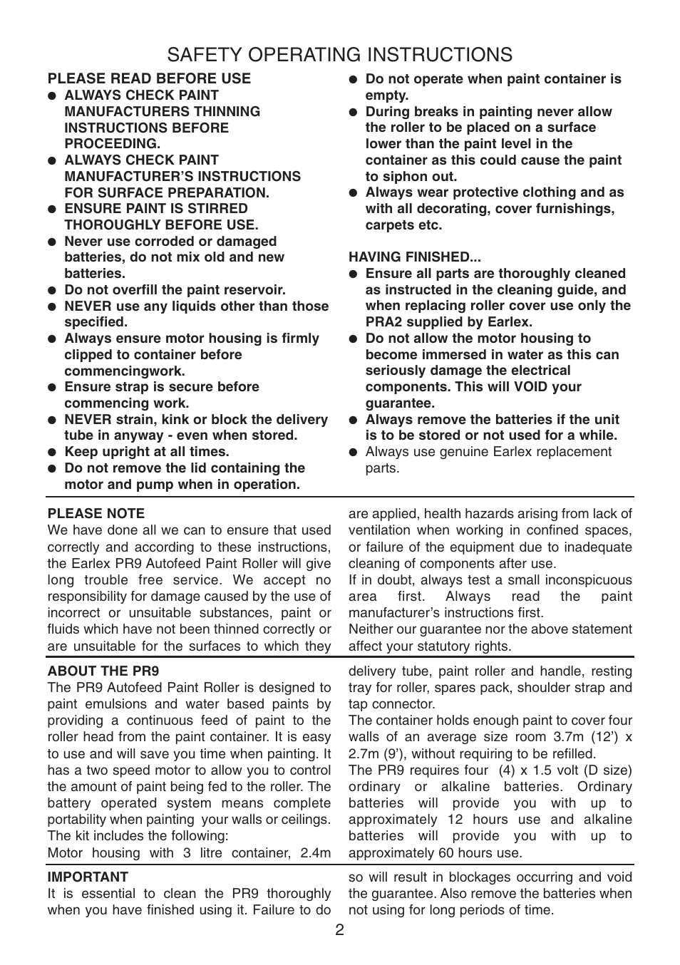 Safety operating instructions | Earlex PR9 User Manual | Page 2 / 8