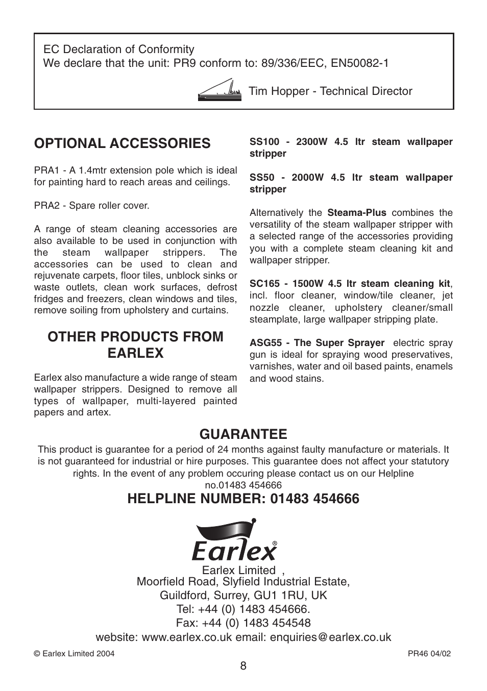 Optional accessories, Other products from earlex, Guarantee | Earlex PR9 User Manual | Page 8 / 8