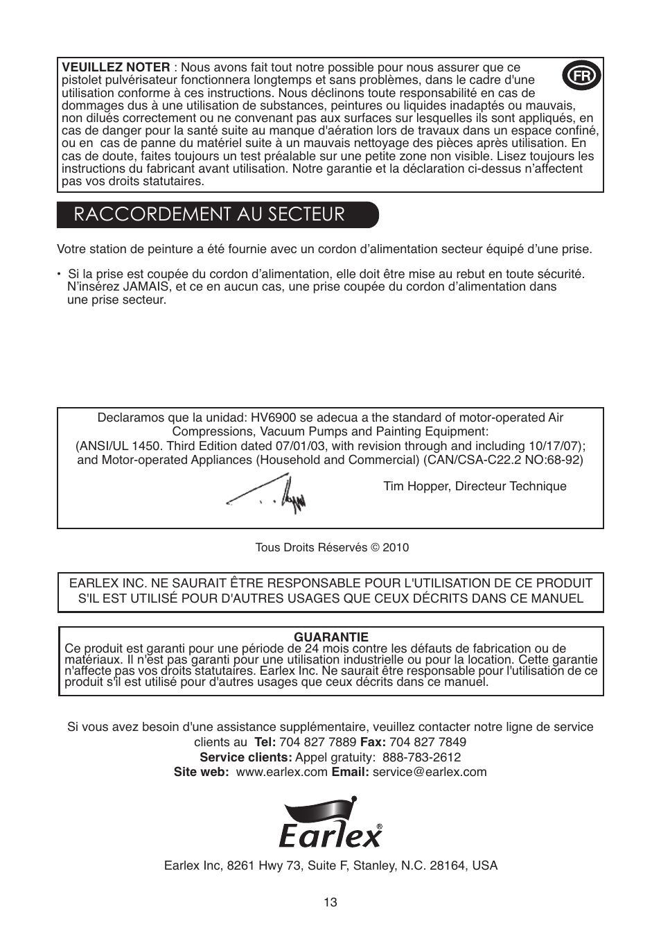 Raccordement au secteur | Earlex 6900 User Manual | Page 13 / 20