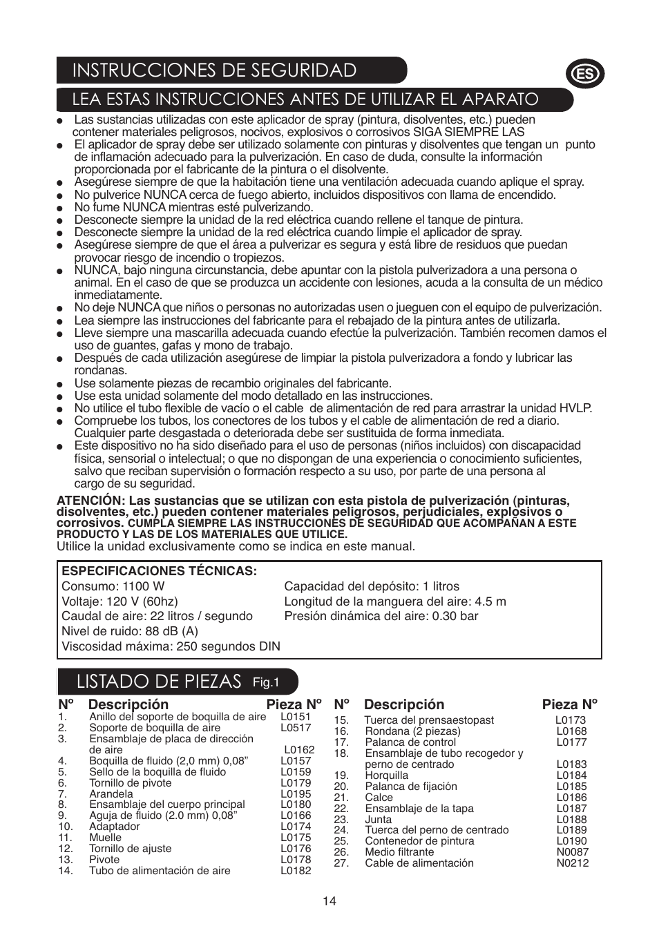 Instrucciones de seguridad, Listado de piezas, Nº descripción pieza nº | Earlex 6900 User Manual | Page 14 / 20