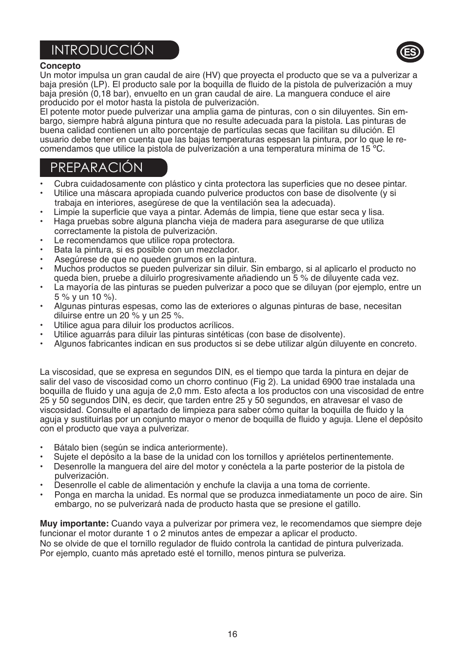 Introducción preparación | Earlex 6900 User Manual | Page 16 / 20