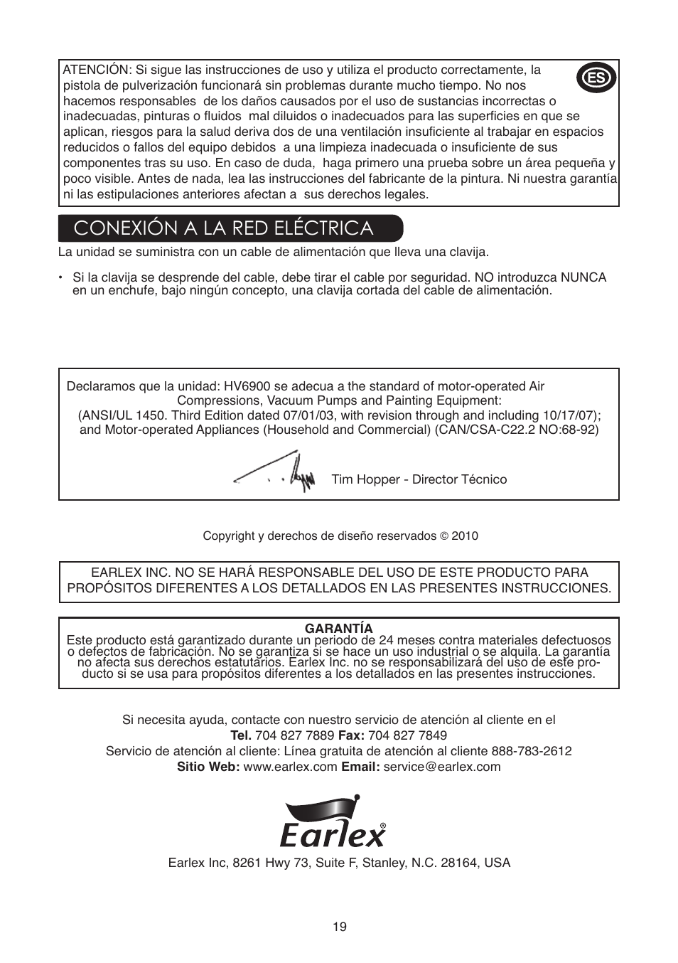 Conexión a la red eléctrica | Earlex 6900 User Manual | Page 19 / 20