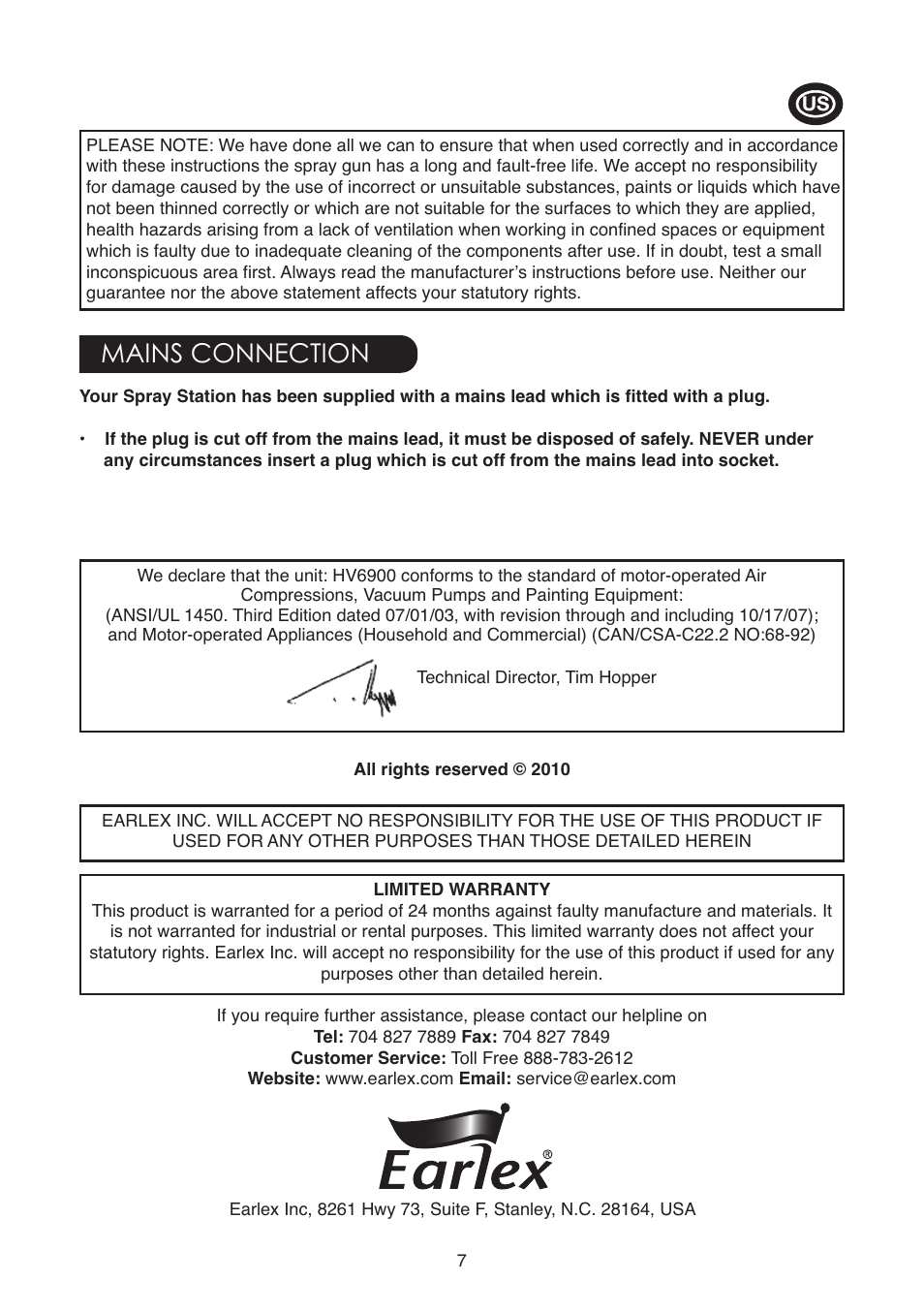 Mains connection | Earlex 6900 User Manual | Page 7 / 20