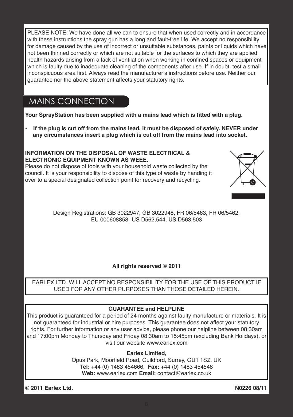 Mains connection | Earlex SPRAYSTATION 6900 User Manual | Page 8 / 8