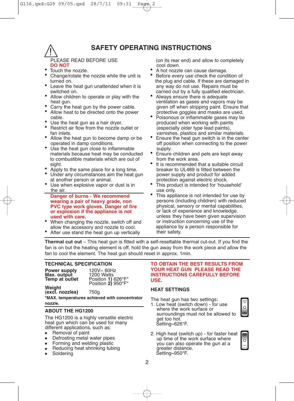 Safety operating instructions | Earlex HG1200 User Manual | Page 2 / 4