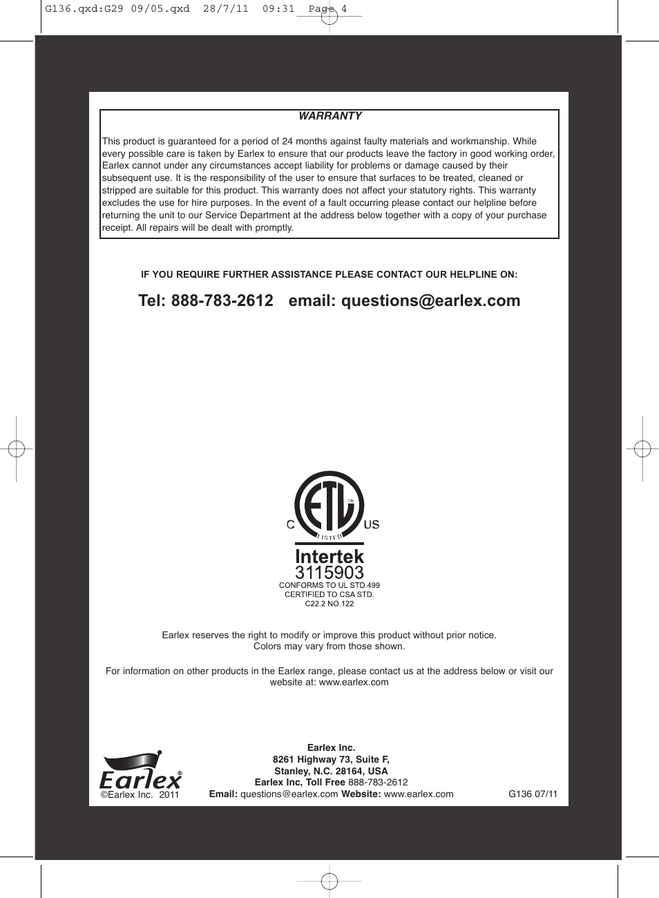 Earlex HG1200 User Manual | Page 4 / 4