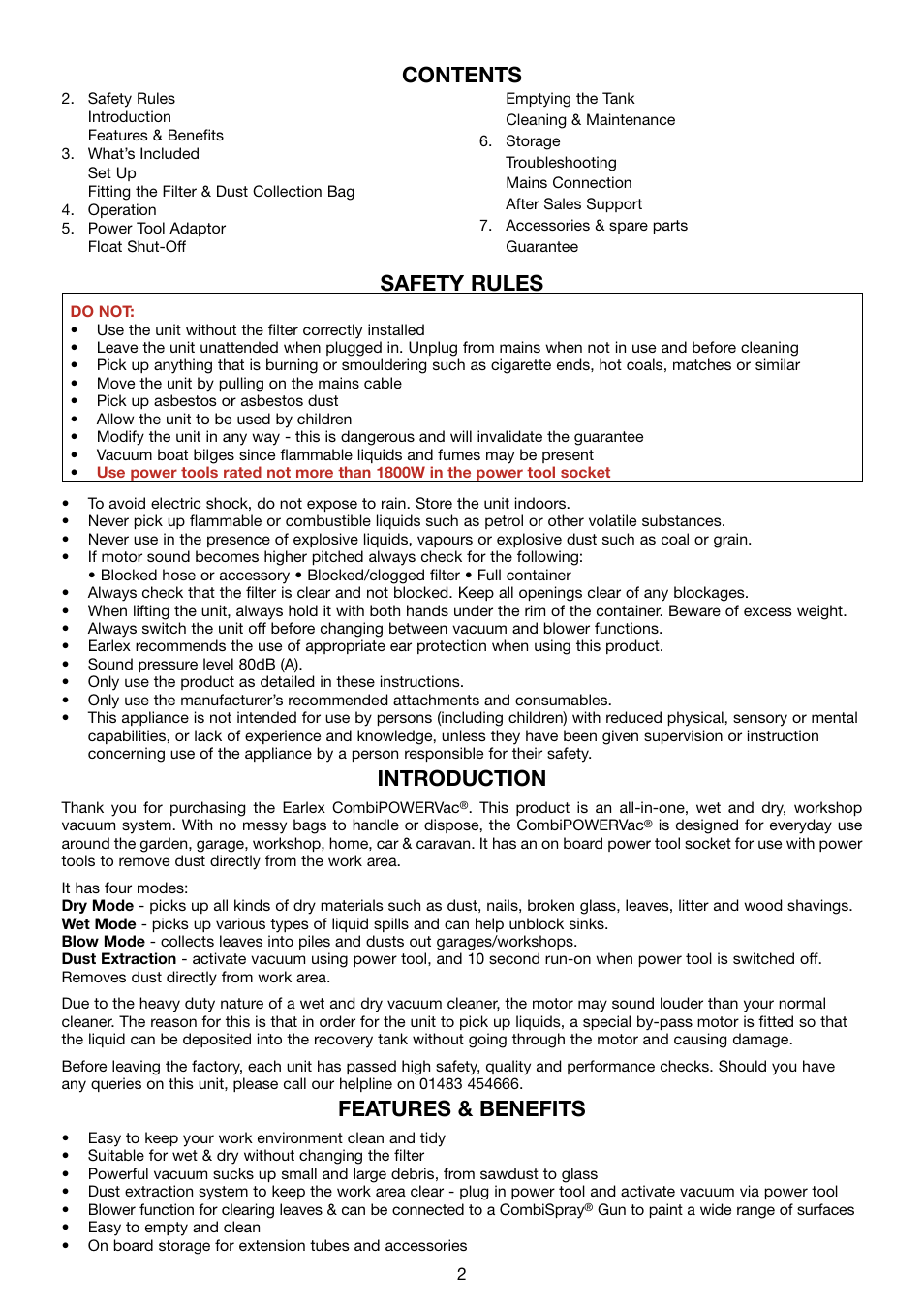 Contents safety rules, Introduction, Features & benefits | Earlex COMBIPOWERVAC WD1200P User Manual | Page 2 / 8