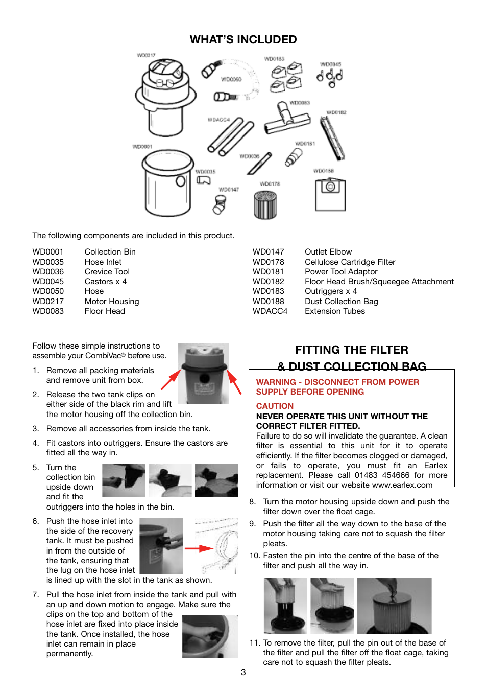 What’s included, Fitting the filter & dust collection bag | Earlex COMBIPOWERVAC WD1200P User Manual | Page 3 / 8