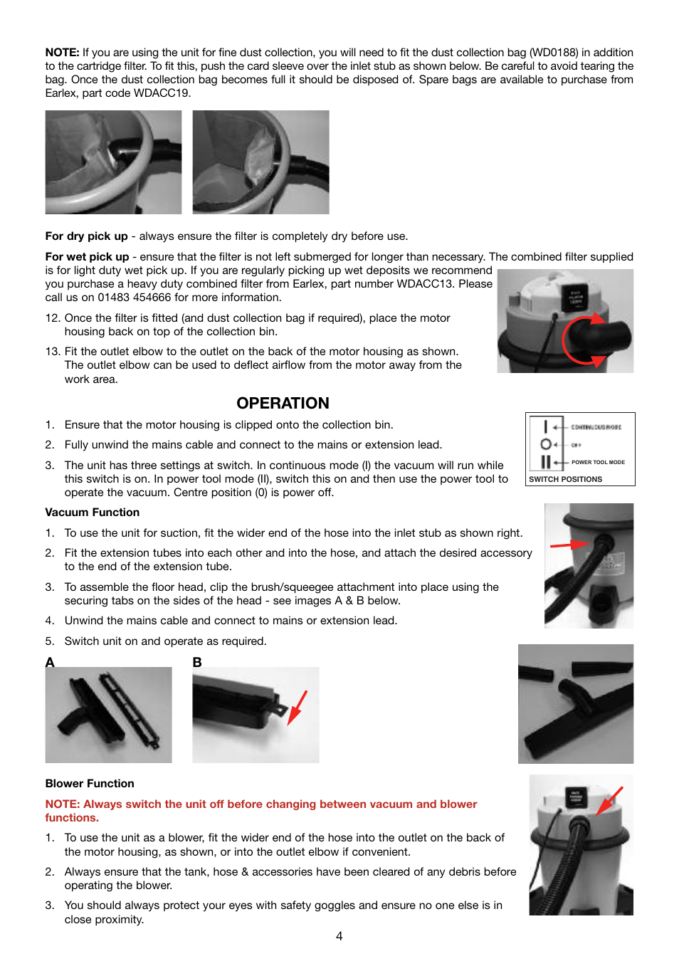 Operation | Earlex COMBIPOWERVAC WD1200P User Manual | Page 4 / 8