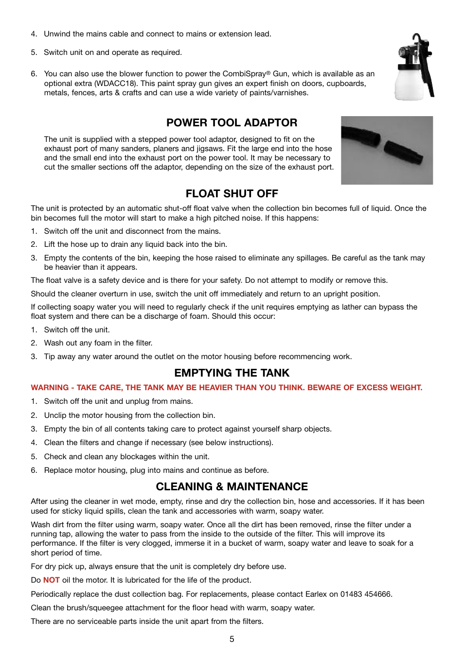 Float shut off, Emptying the tank, Cleaning & maintenance | Power tool adaptor | Earlex COMBIPOWERVAC WD1200P User Manual | Page 5 / 8